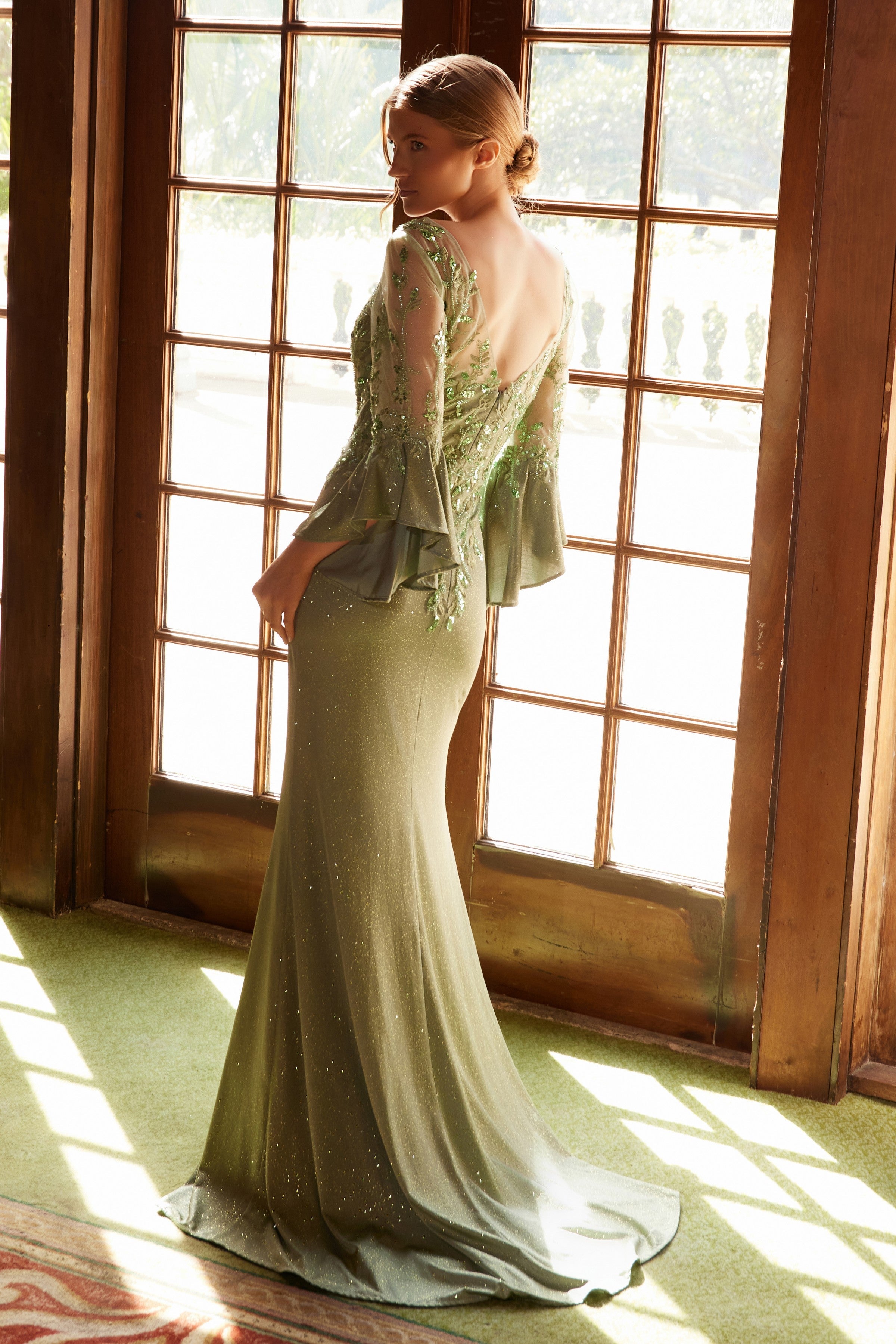 Elegant Appliqué Bell Sleeve Slit Gown by Nox Anabel MD129