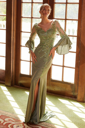 Clearance Green Size 14W Elegant Mother of Bride Dress Appliqué Bell Sleeve Slit Evening Gown By Nox Anabel MD129