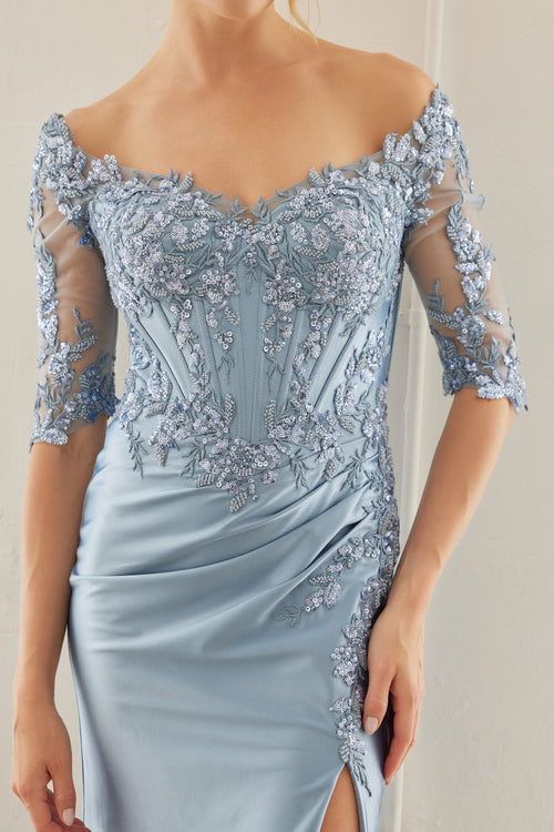 Off-Shoulder Scoop Neck Sequined Satin Floral Embroidered Corset Bodice by Nox Anabel MD156