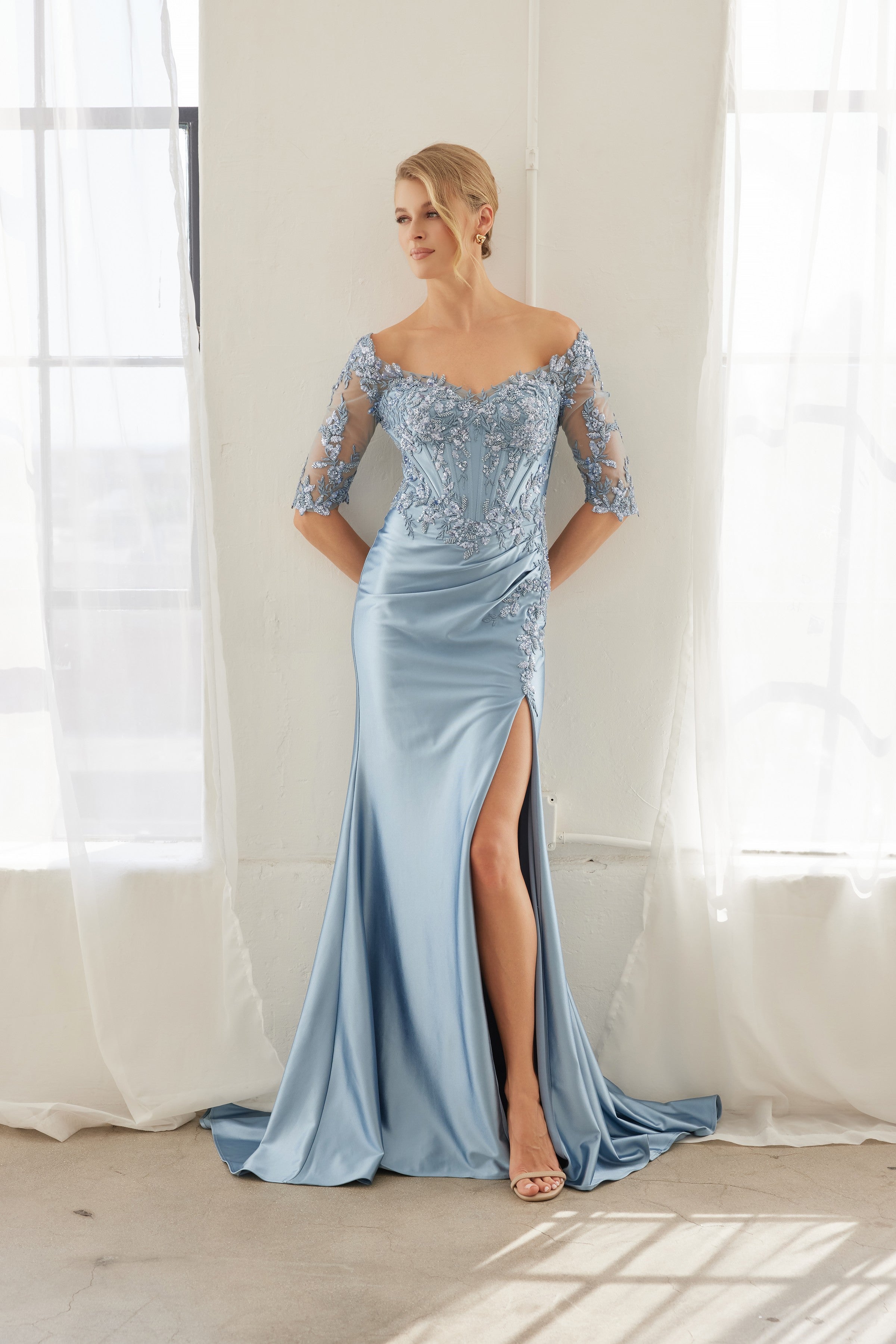Off-Shoulder Scoop Neck Sequined Satin Floral Embroidered Corset Bodice by Nox Anabel MD156