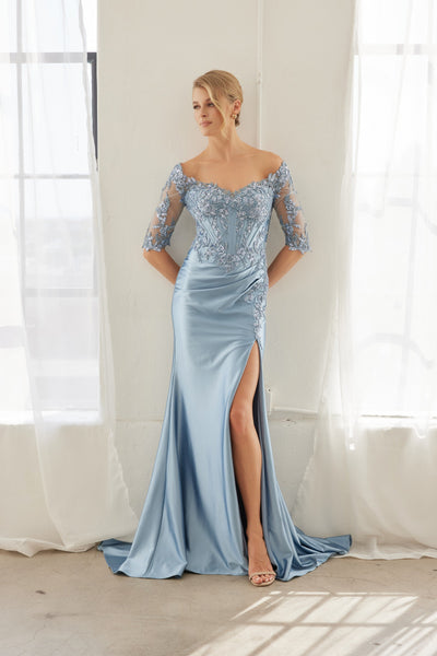 Off-Shoulder Scoop Neck Sequined Satin Floral Embroidered Corset Bodice by Nox Anabel MD156