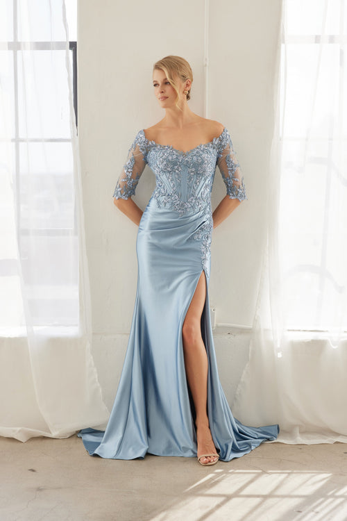 Off-Shoulder Scoop Neck Sequined Satin Floral Embroidered Corset Bodice by Nox Anabel MD156