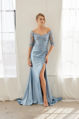 Off-Shoulder Scoop Neck Sequined Satin Floral Embroidered Corset Bodice by Nox Anabel MD156