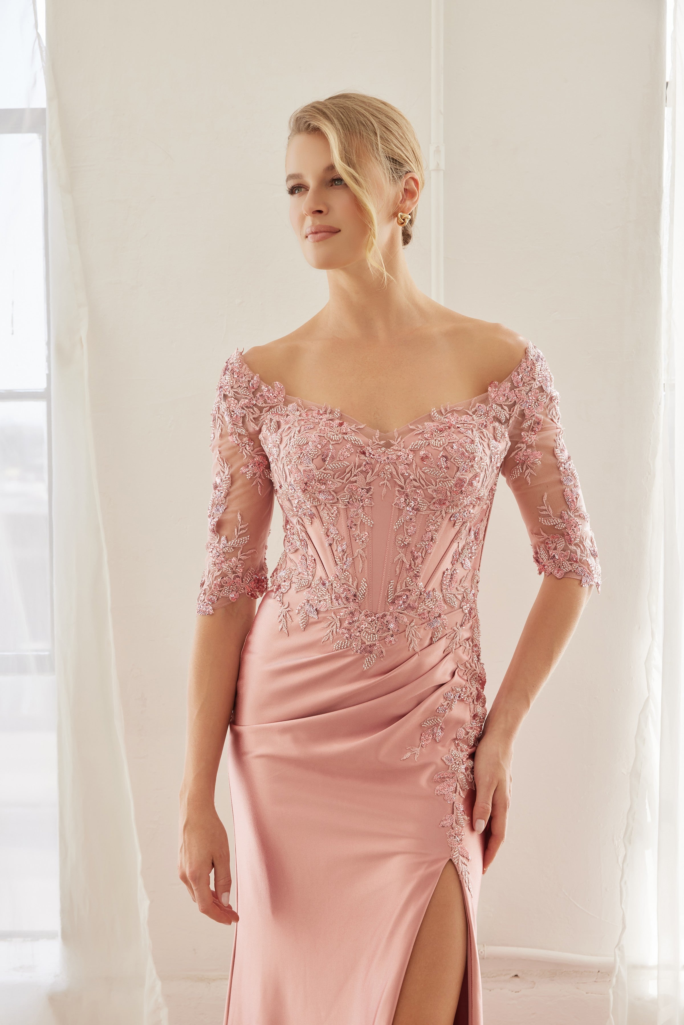Off-Shoulder Scoop Neck Sequined Satin Floral Embroidered Corset Bodice by Nox Anabel MD156