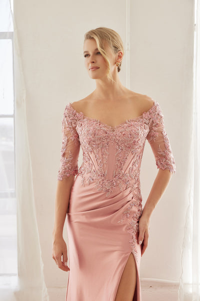 Off-Shoulder Scoop Neck Sequined Satin Floral Embroidered Corset Bodice by Nox Anabel MD156