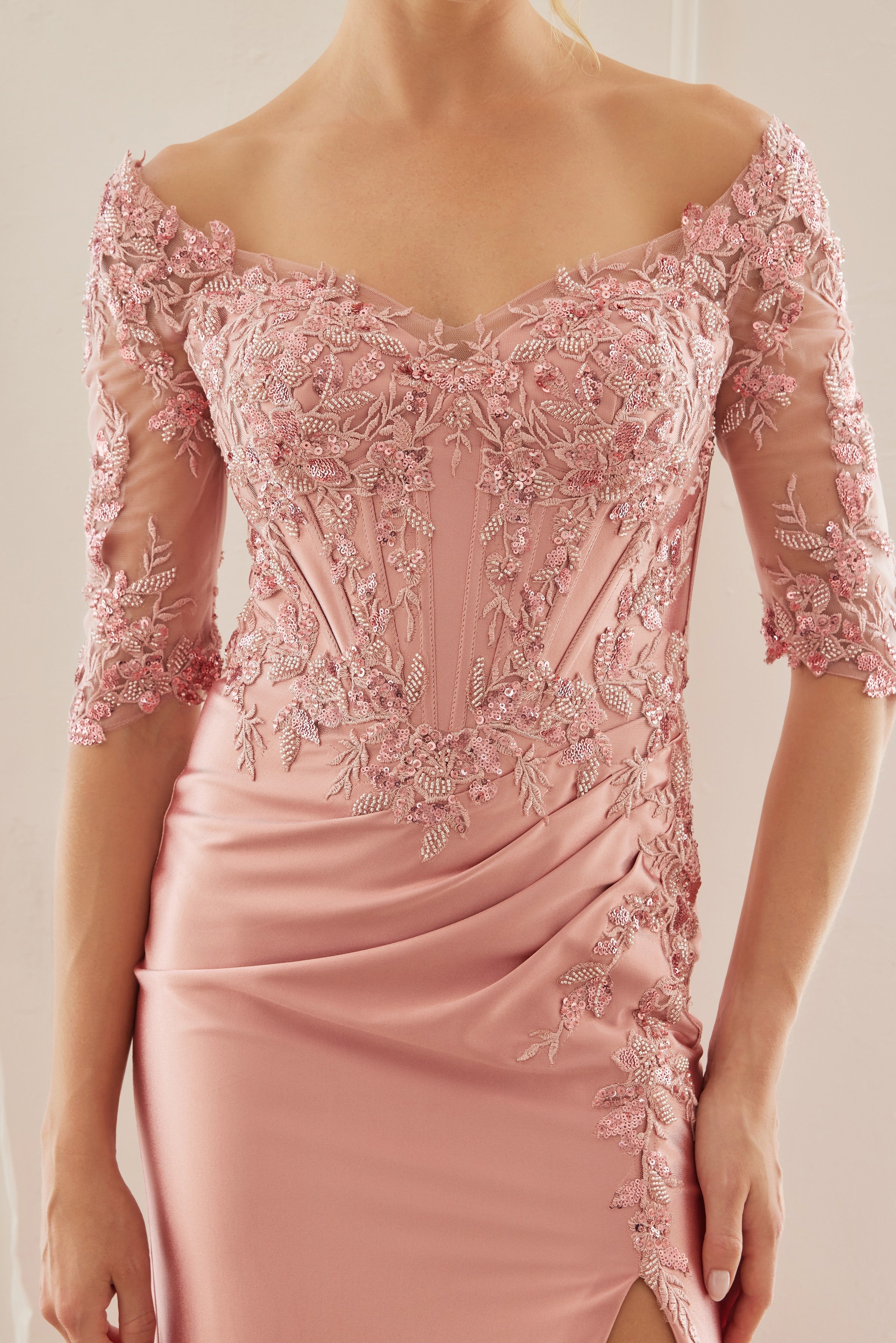 Off-Shoulder Scoop Neck Sequined Satin Floral Embroidered Corset Bodice by Nox Anabel MD156