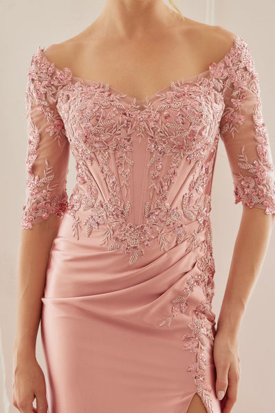 Off-Shoulder Scoop Neck Sequined Satin Floral Embroidered Corset Bodice by Nox Anabel MD156