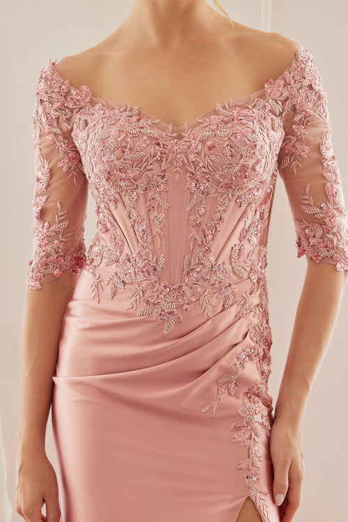 Off-Shoulder Scoop Neck Sequined Satin Floral Embroidered Corset Bodice by Nox Anabel MD156