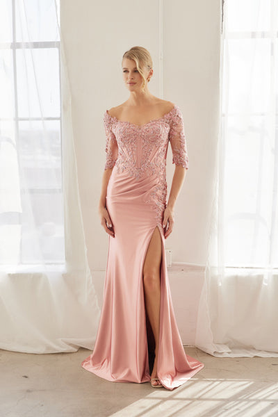 Off-Shoulder Scoop Neck Sequined Satin Floral Embroidered Corset Bodice by Nox Anabel MD156