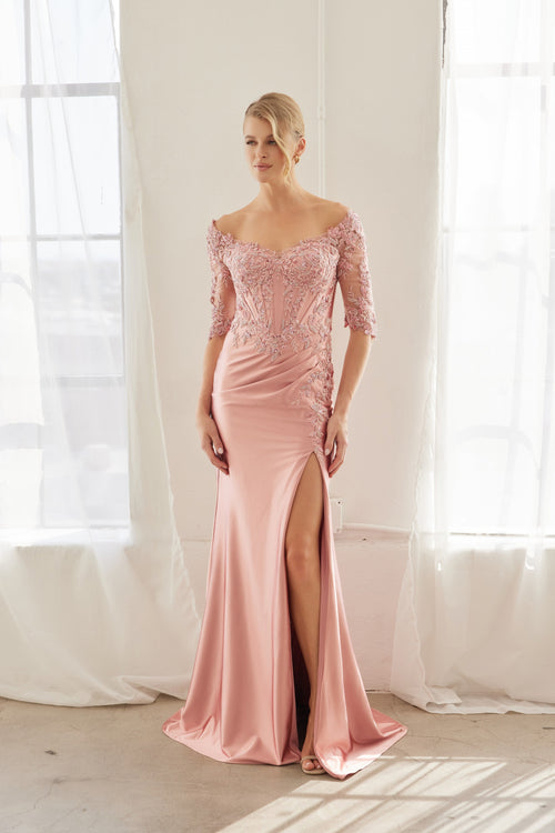 Off-Shoulder Scoop Neck Sequined Satin Floral Embroidered Corset Bodice by Nox Anabel MD156