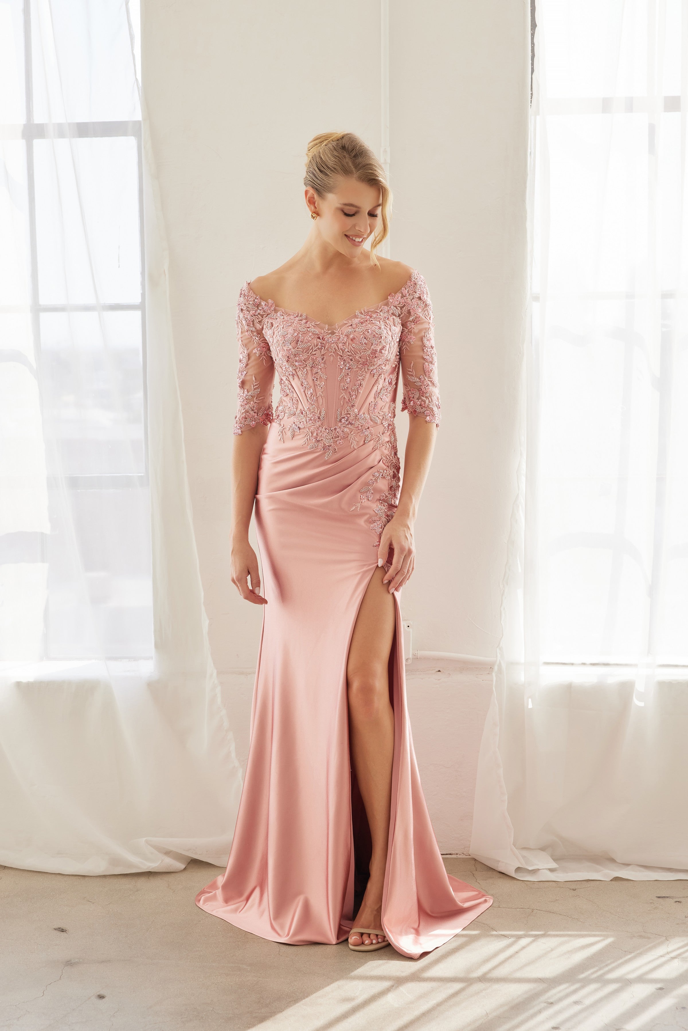 Off-Shoulder Scoop Neck Sequined Satin Floral Embroidered Corset Bodice by Nox Anabel MD156