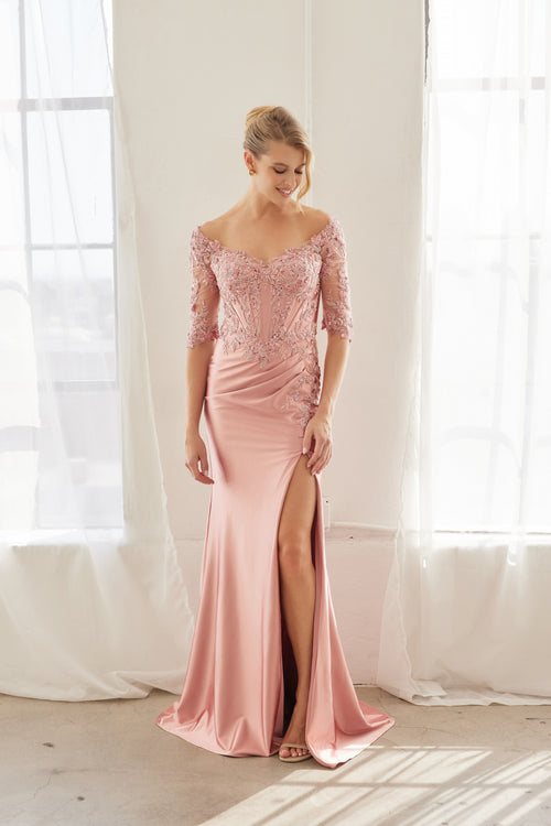 Off-Shoulder Scoop Neck Sequined Satin Floral Embroidered Corset Bodice by Nox Anabel MD156
