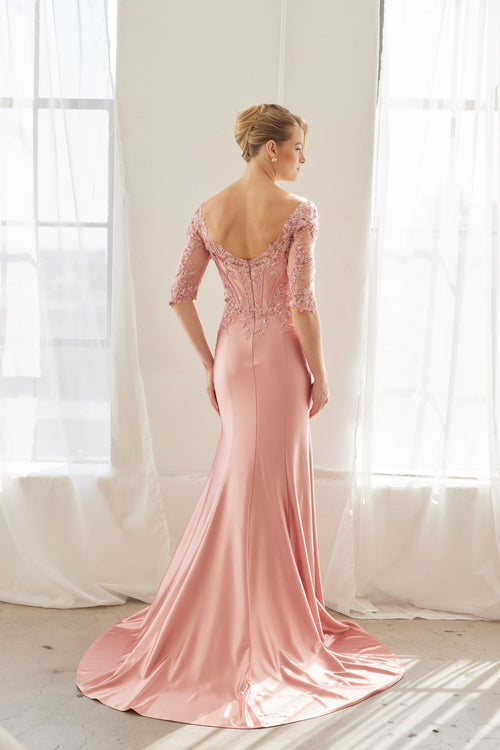 Off-Shoulder Scoop Neck Sequined Satin Floral Embroidered Corset Bodice by Nox Anabel MD156