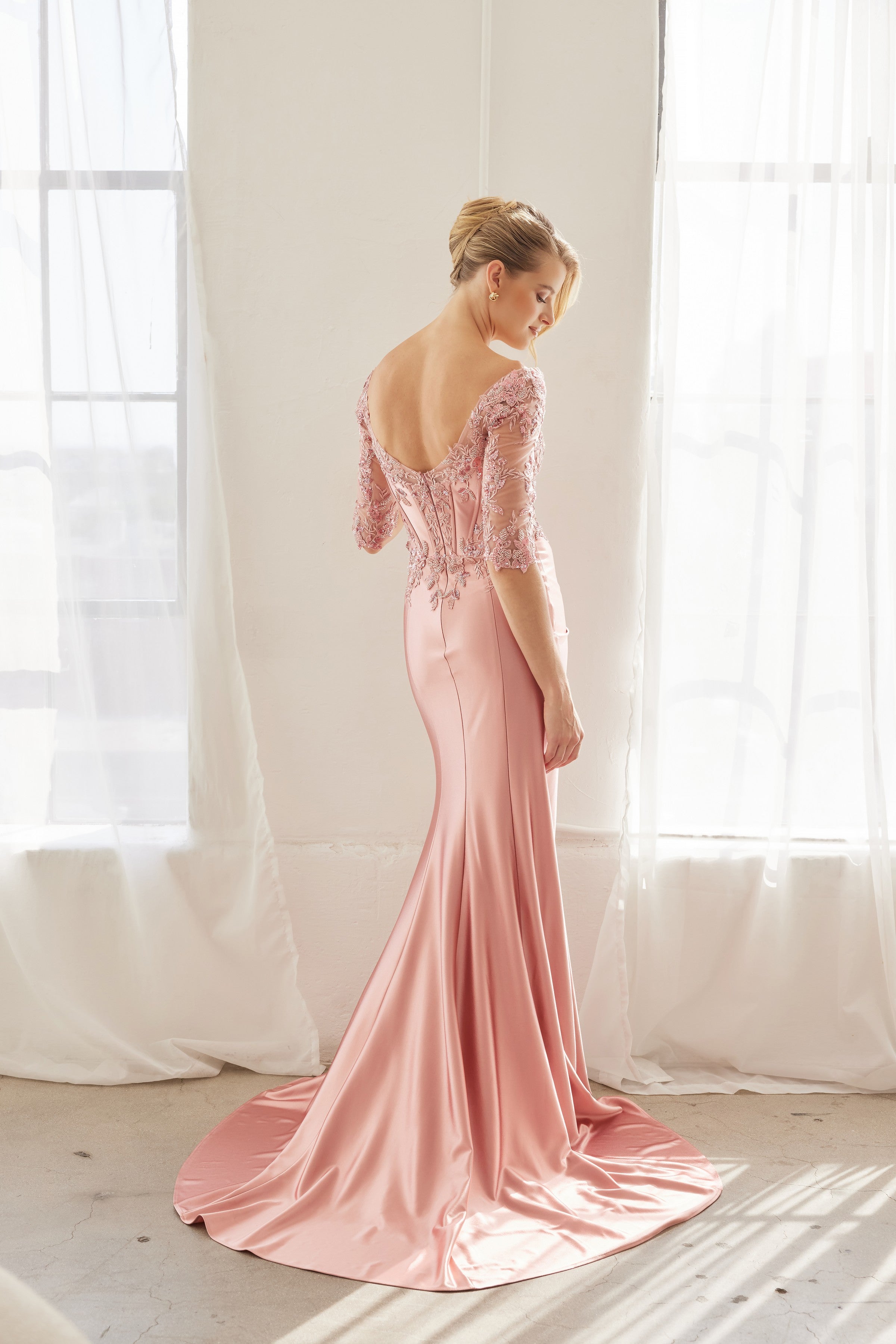Off-Shoulder Scoop Neck Sequined Satin Floral Embroidered Corset Bodice by Nox Anabel MD156