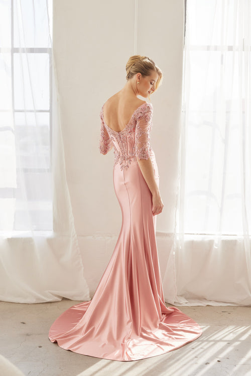Off-Shoulder Scoop Neck Sequined Satin Floral Embroidered Corset Bodice by Nox Anabel MD156