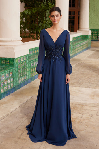 Nox Anabel ME128 Flowing Chiffon Gown with Long Sleeves