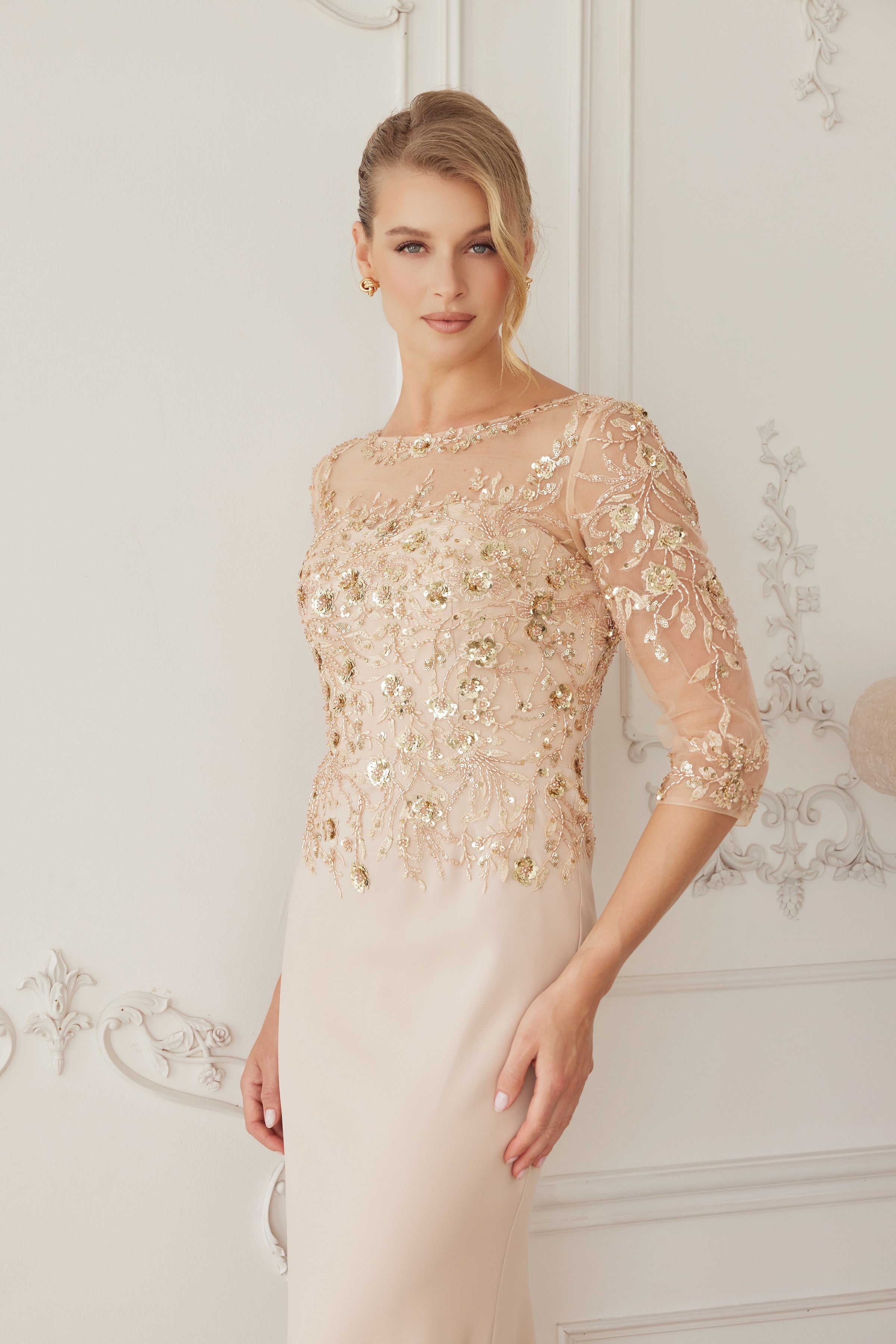 Illusion Scoop Neck Sequined Floral-Embroidered Bodice Three-Quarter Sleeve by Nox Anabel MH159