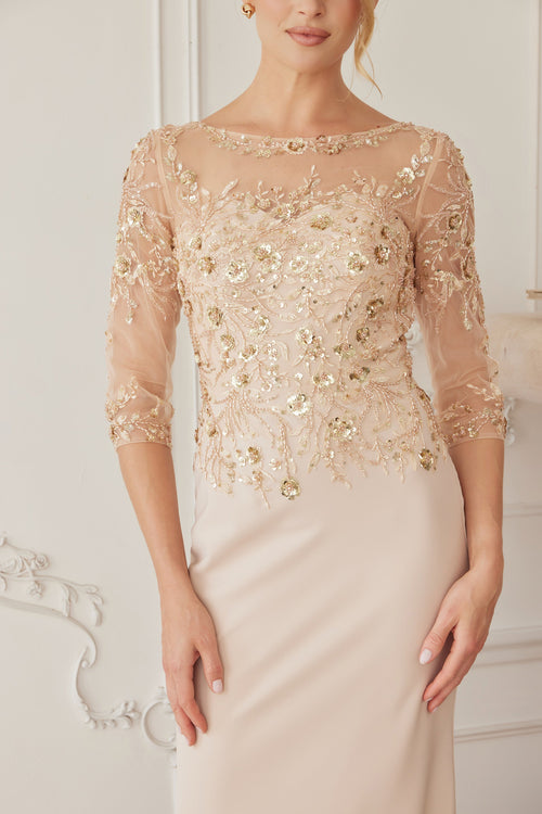 Illusion Scoop Neck Sequined Floral-Embroidered Bodice Three-Quarter Sleeve by Nox Anabel MH159