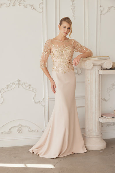 Illusion Scoop Neck Sequined Floral-Embroidered Bodice Three-Quarter Sleeve by Nox Anabel MH159