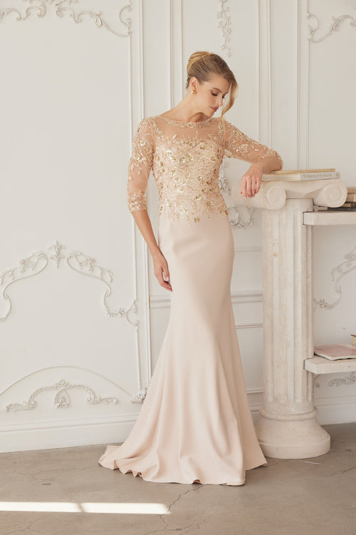 Illusion Scoop Neck Sequined Floral-Embroidered Bodice Three-Quarter Sleeve by Nox Anabel MH159
