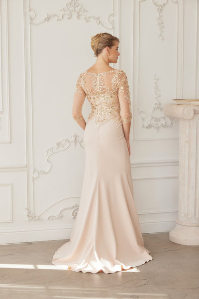 Illusion Scoop Neck Sequined Floral-Embroidered Bodice Three-Quarter Sleeve by Nox Anabel MH159