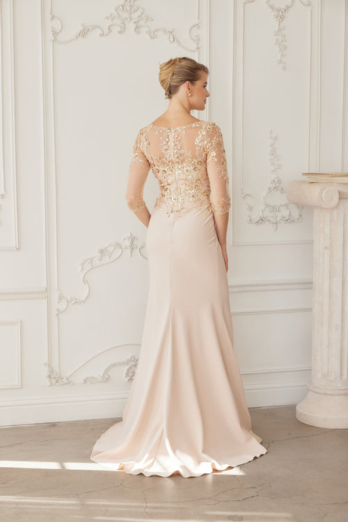 Illusion Scoop Neck Sequined Floral-Embroidered Bodice Three-Quarter Sleeve by Nox Anabel MH159
