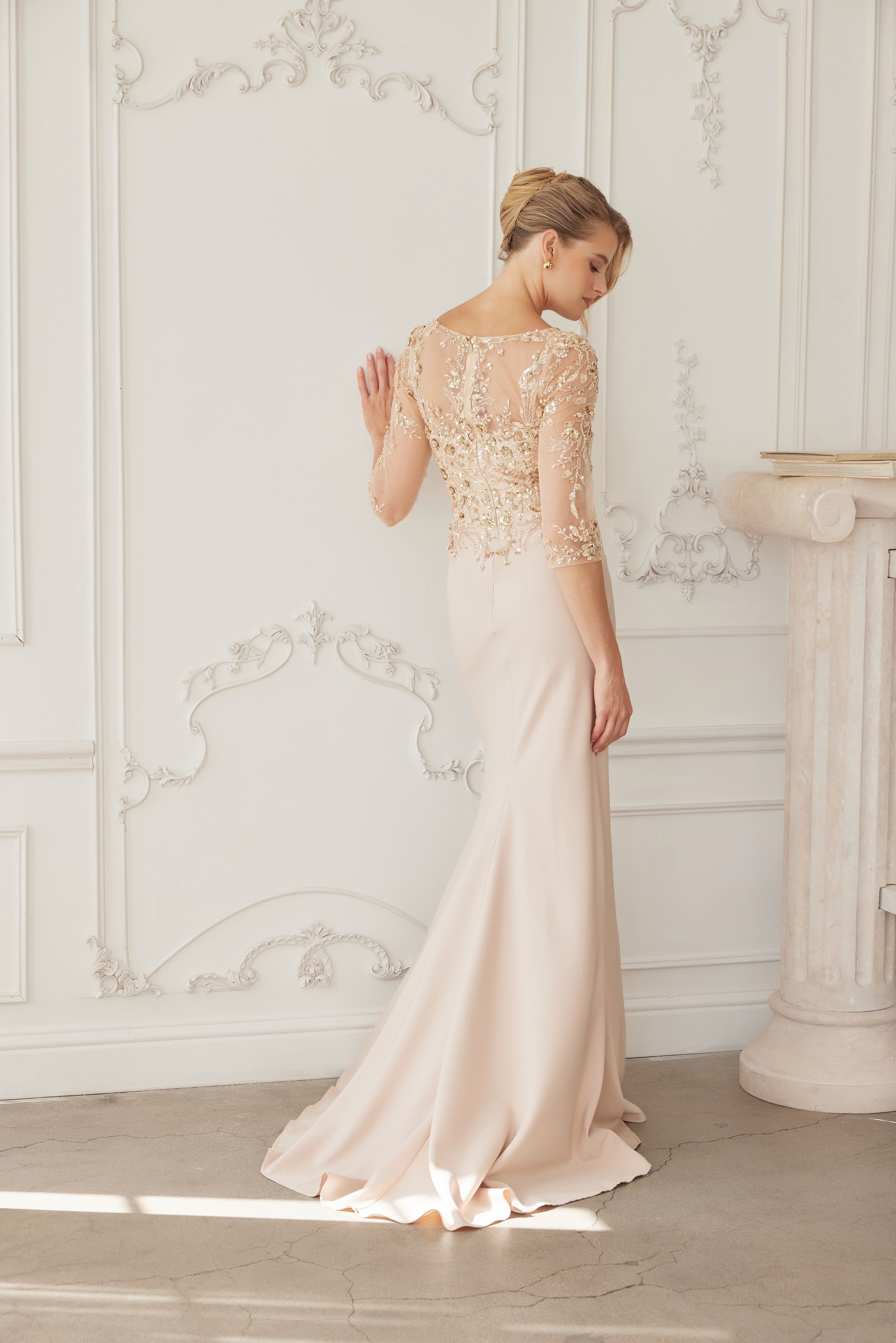 Illusion Scoop Neck Sequined Floral-Embroidered Bodice Three-Quarter Sleeve by Nox Anabel MH159