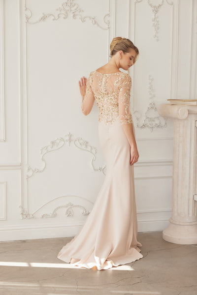 Illusion Scoop Neck Sequined Floral-Embroidered Bodice Three-Quarter Sleeve by Nox Anabel MH159