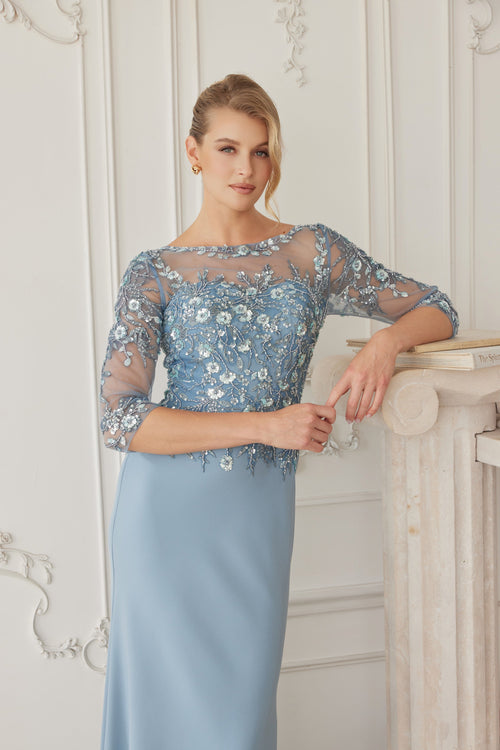 Illusion Scoop Neck Sequined Floral-Embroidered Bodice Three-Quarter Sleeve by Nox Anabel MH159