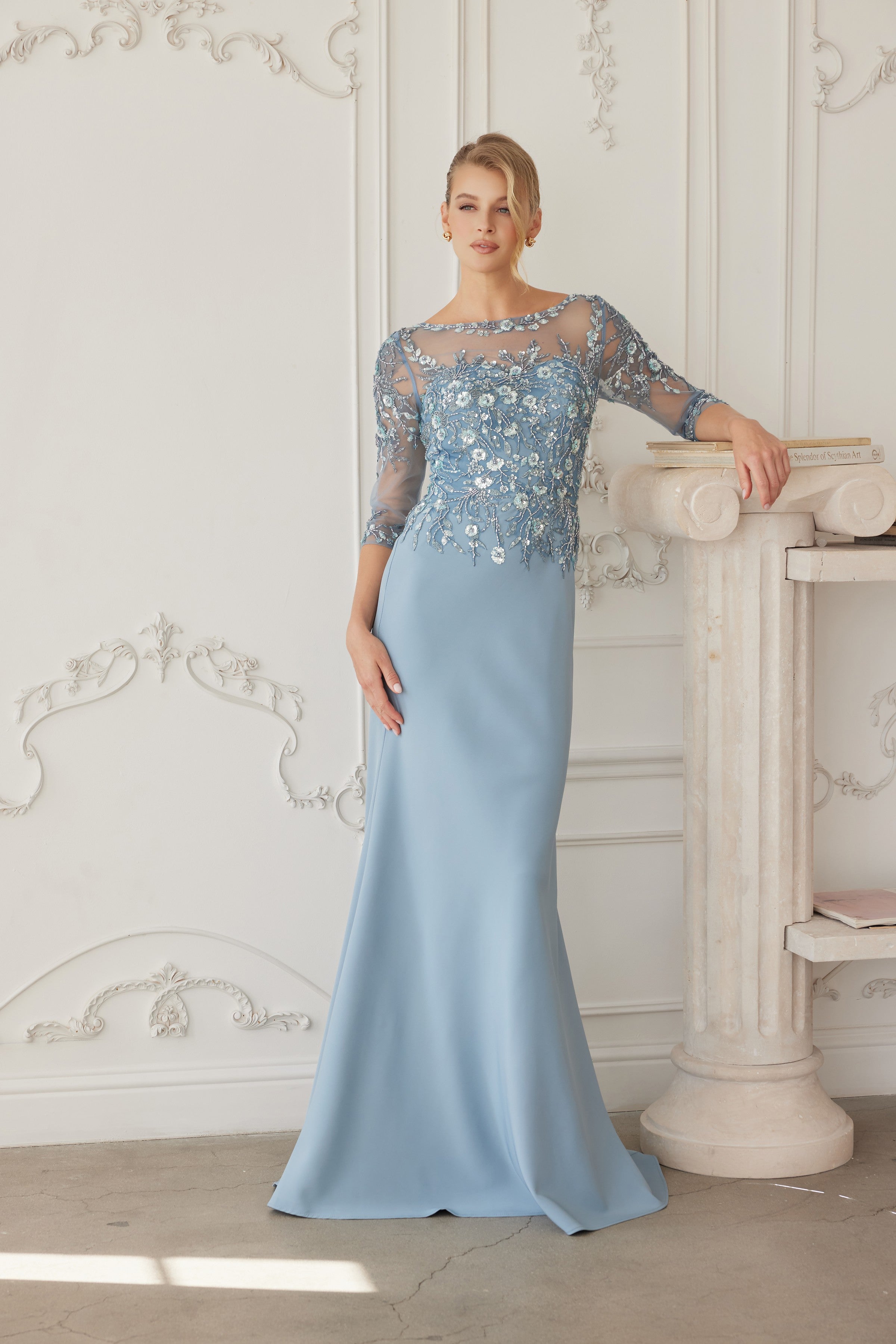 Illusion Scoop Neck Sequined Floral-Embroidered Bodice Three-Quarter Sleeve by Nox Anabel MH159