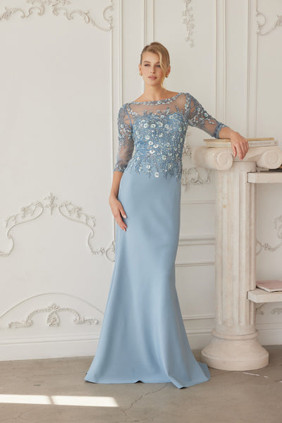 Illusion Scoop Neck Sequined Floral-Embroidered Bodice Three-Quarter Sleeve by Nox Anabel MH159