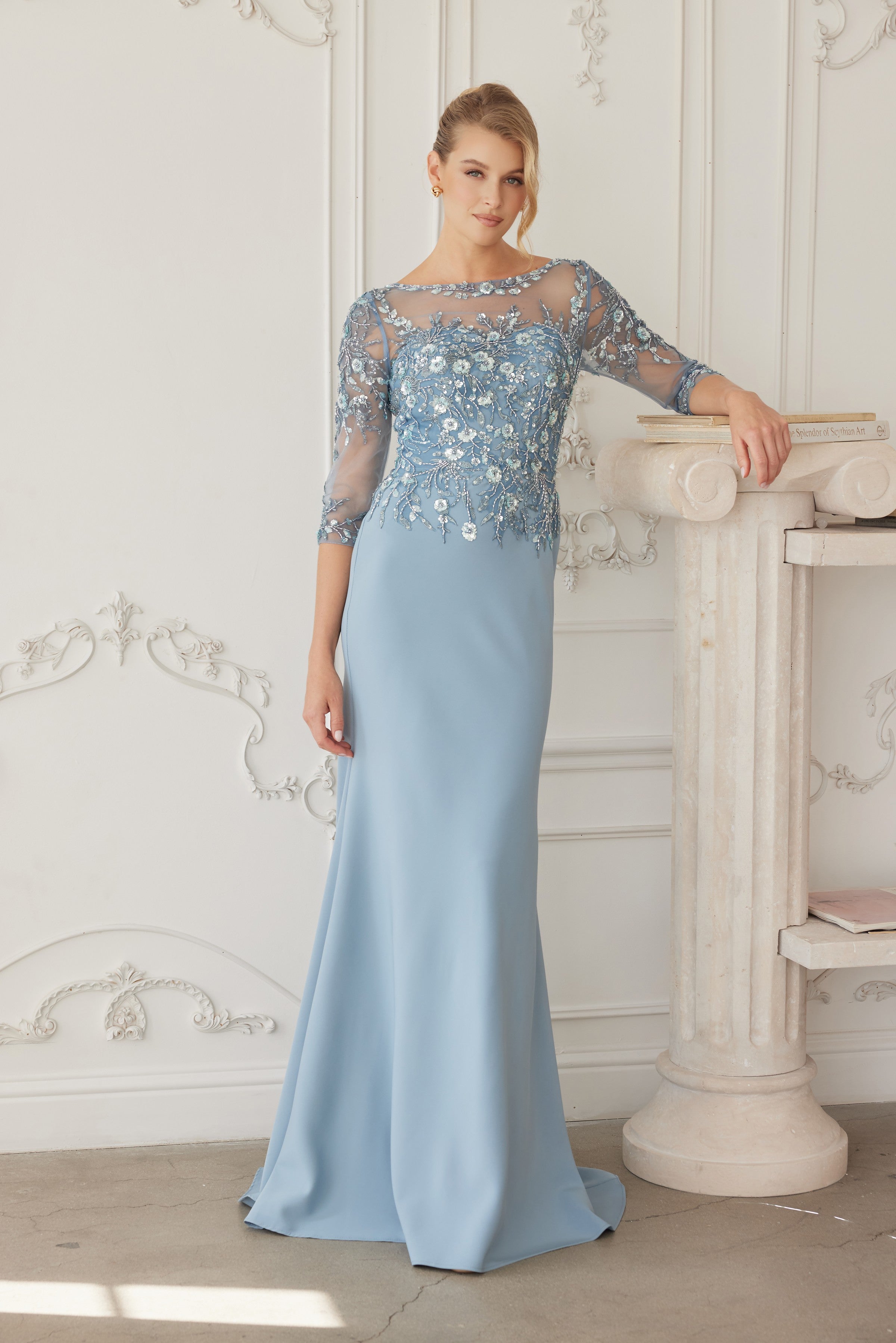 Illusion Scoop Neck Sequined Floral-Embroidered Bodice Three-Quarter Sleeve by Nox Anabel MH159