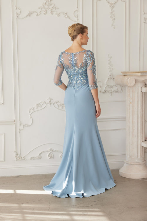 Illusion Scoop Neck Sequined Floral-Embroidered Bodice Three-Quarter Sleeve by Nox Anabel MH159
