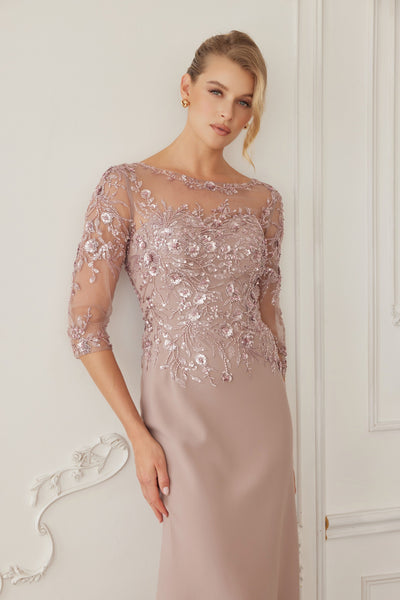 Illusion Scoop Neck Sequined Floral-Embroidered Bodice Three-Quarter Sleeve by Nox Anabel MH159