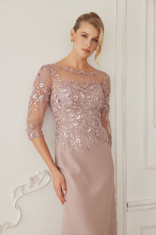 Illusion Scoop Neck Sequined Floral-Embroidered Bodice Three-Quarter Sleeve by Nox Anabel MH159