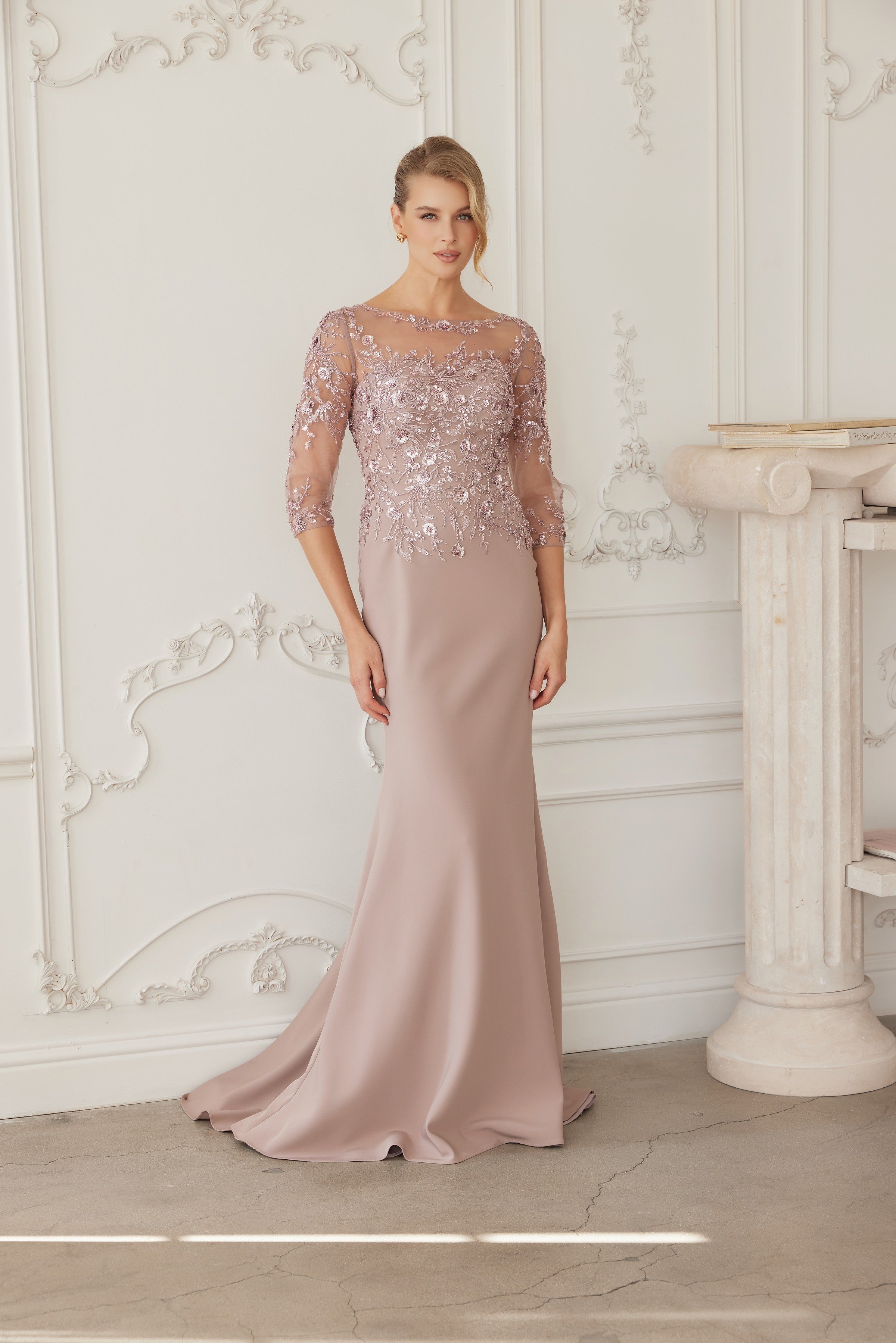 Illusion Scoop Neck Sequined Floral-Embroidered Bodice Three-Quarter Sleeve by Nox Anabel MH159