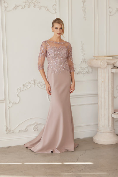 Illusion Scoop Neck Sequined Floral-Embroidered Bodice Three-Quarter Sleeve by Nox Anabel MH159