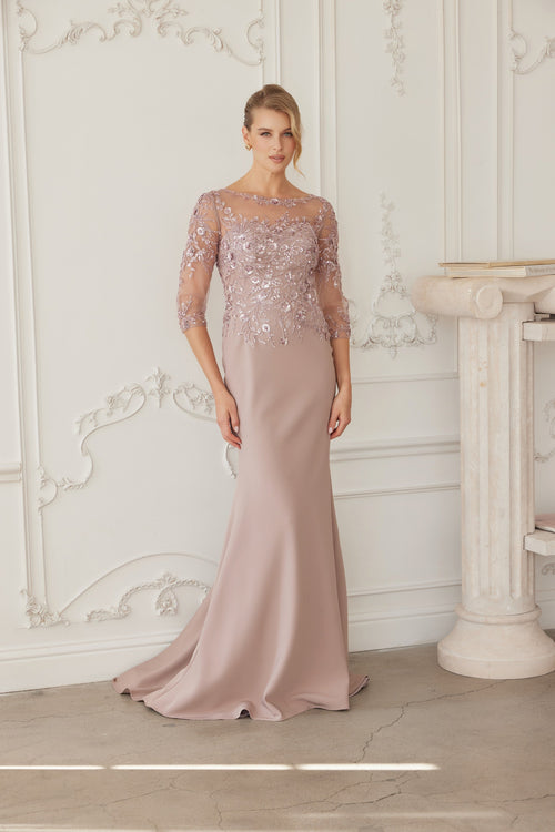 Illusion Scoop Neck Sequined Floral-Embroidered Bodice Three-Quarter Sleeve by Nox Anabel MH159