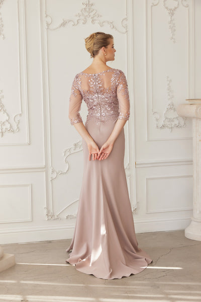 Illusion Scoop Neck Sequined Floral-Embroidered Bodice Three-Quarter Sleeve by Nox Anabel MH159