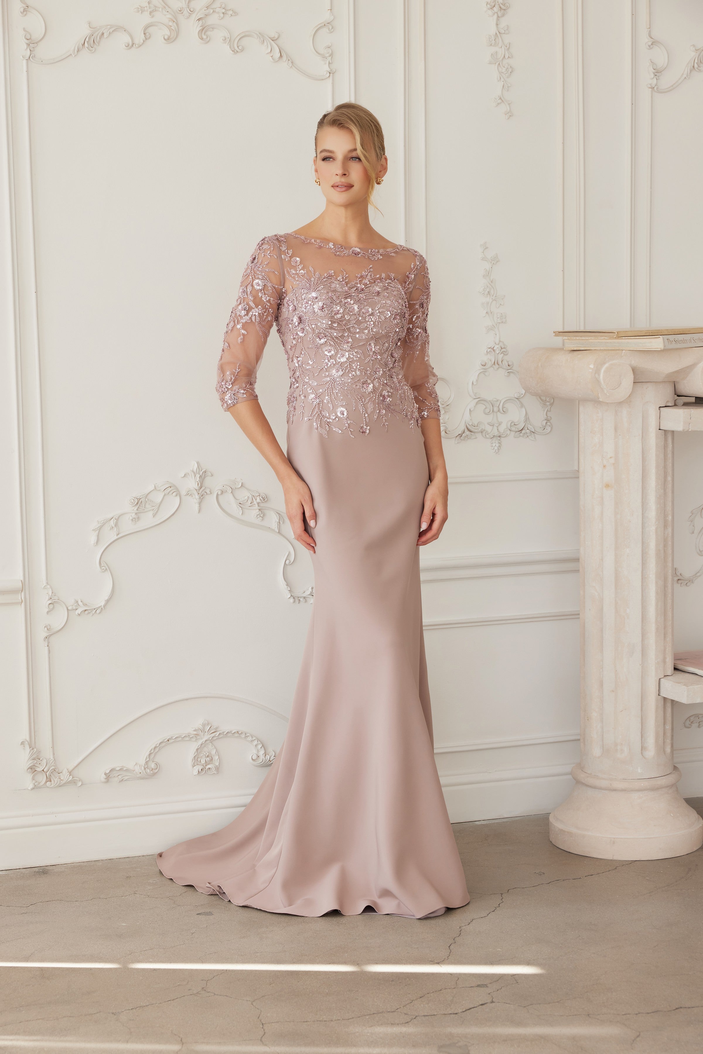 Illusion Scoop Neck Sequined Floral-Embroidered Bodice Three-Quarter Sleeve by Nox Anabel MH159