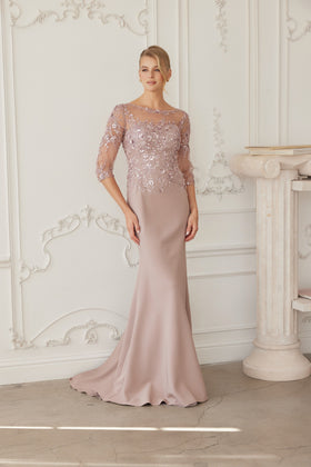 Illusion Scoop Neck Sequined Floral-Embroidered Bodice Three-Quarter Sleeve by Nox Anabel MH159