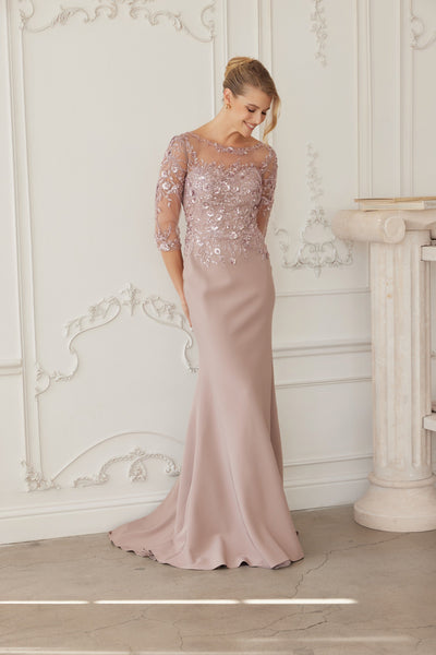 Illusion Scoop Neck Sequined Floral-Embroidered Bodice Three-Quarter Sleeve by Nox Anabel MH159
