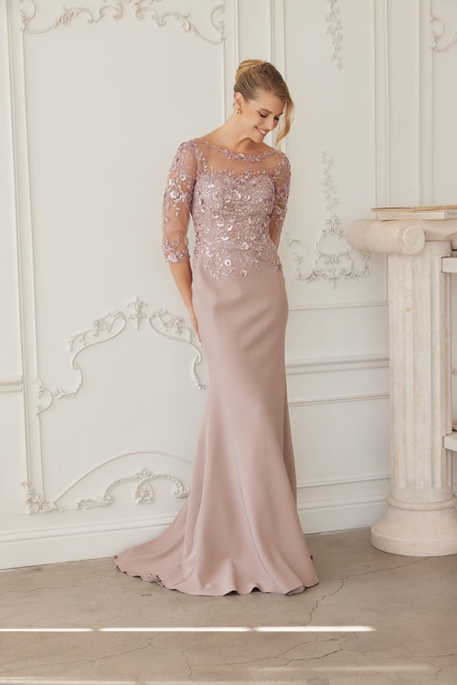 Illusion Scoop Neck Sequined Floral-Embroidered Bodice Three-Quarter Sleeve by Nox Anabel MH159