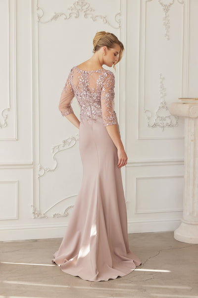 Illusion Scoop Neck Sequined Floral-Embroidered Bodice Three-Quarter Sleeve by Nox Anabel MH159