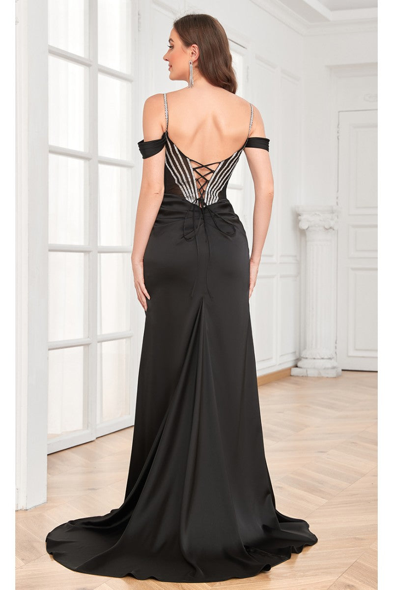 High Couture MJ1001 Beaded Slit Long Formal Corset Prom Dress