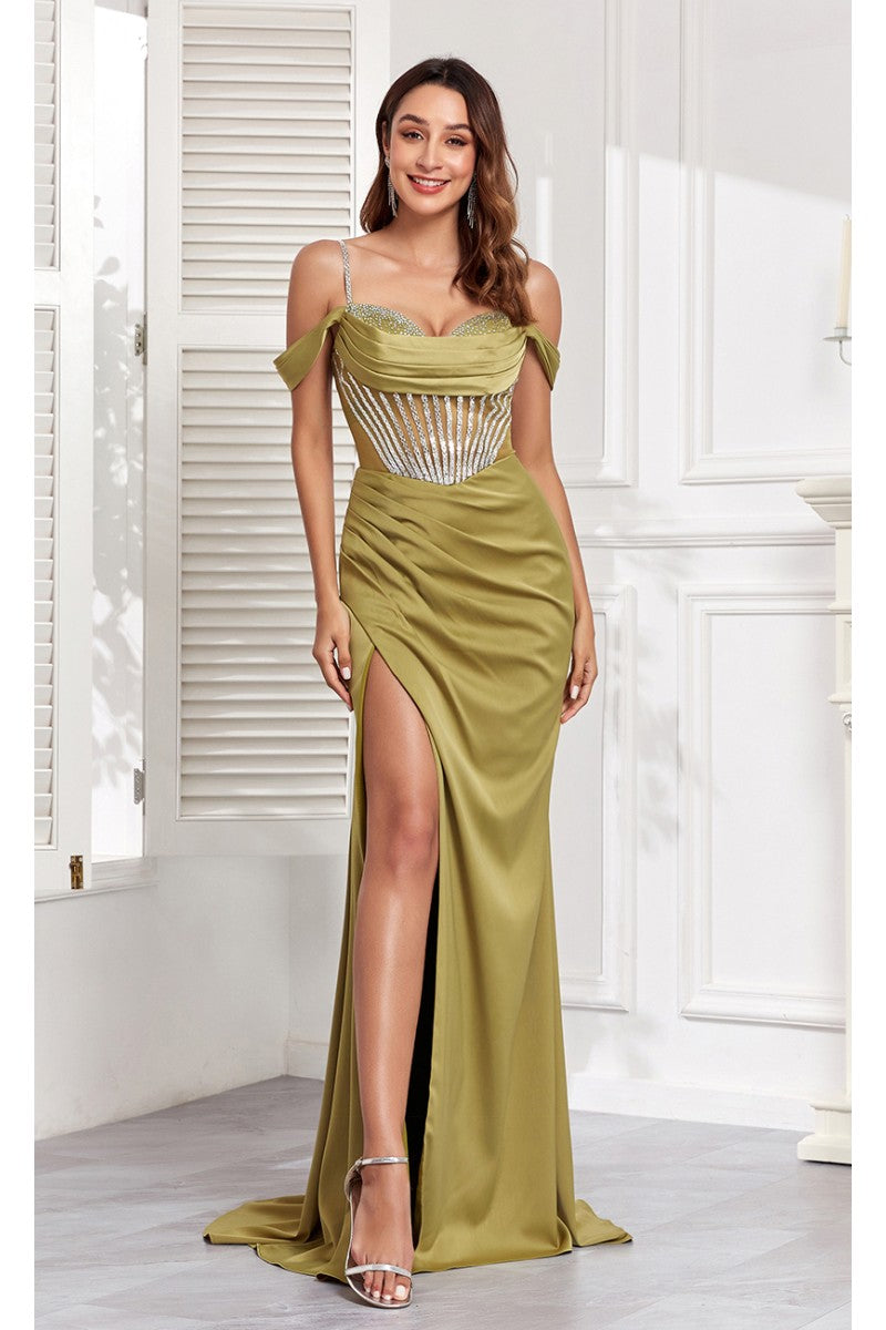 Prom Dresses Beaded Slit Long Formal Corset Prom Dress Olive