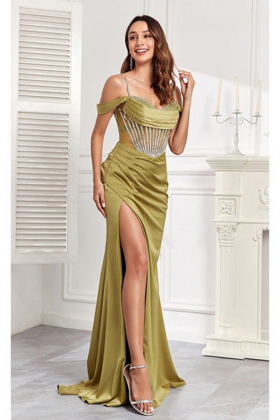 High Couture MJ1001 Beaded Slit Long Formal Corset Prom Dress