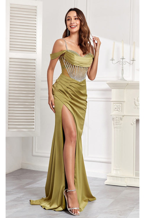 High Couture MJ1001 Beaded Slit Long Formal Corset Prom Dress