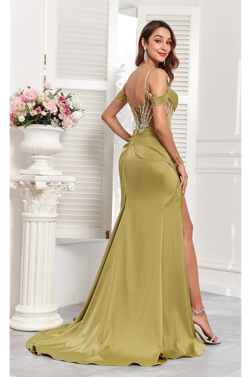 High Couture MJ1001 Beaded Slit Long Formal Corset Prom Dress