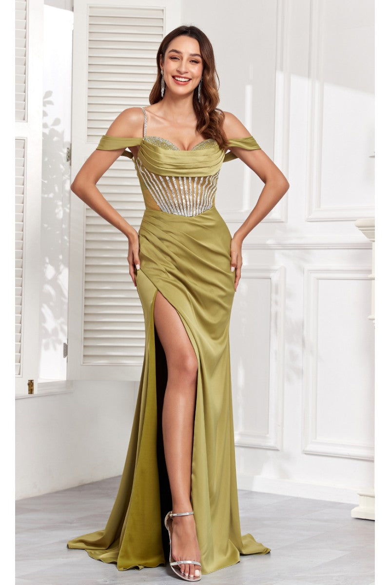 High Couture MJ1001 Beaded Slit Long Formal Corset Prom Dress